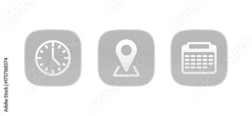 Calendar, Location pin, Clock icons. Event icon set. Address, time, date symbols vector