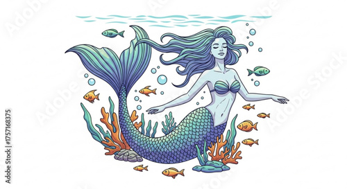 Mermaid swimming gracefully among colorful coral reefs and small fish in a serene underwater world, a magical fantasy illustration for children and adults