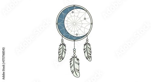 Stylized dreamcatcher illustration with a crescent moon, intricate web, dangling feathers, and decorative beads, symbolizing protection, hope, and good dreams.
