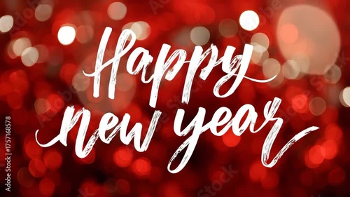 New Year greeting text displayed on a festive red background  