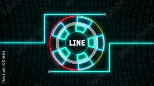 Futuristic neon cyan HUD circle with glowing line text over a digital matrix-style background, creating a high-tech, sci-fi visual effect.