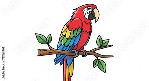 Colorful cartoon macaw parrot perched on a tree branch with green leaves, vibrant tropical bird illustration for children's books and educational content, isolated.
