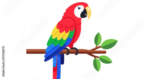Colorful red macaw parrot illustration perched on a leafy tree branch, vibrant tropical bird graphic art, exotic wildlife vector icon design, isolated on white