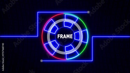 Futuristic neon Blue HUD circle with glowing FRAME text over a digital matrix-style background, creating a high-tech, sci-fi visual effect.