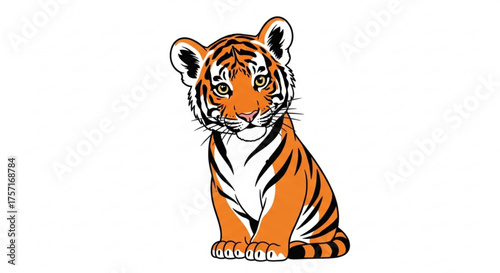 Cartoon baby tiger cub vector illustration. adorable jungle animal character, cute wild cat drawing, young striped feline sitting.