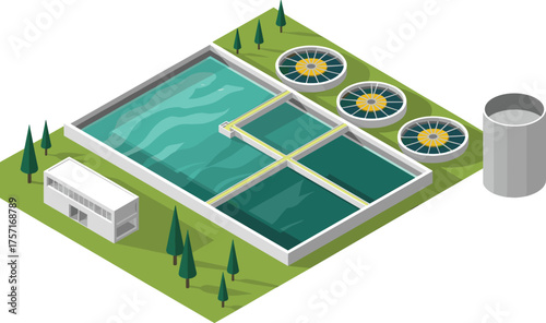 Modern wastewater treatment plant isometric illustration with purification tanks, filtration basins, clarifiers,