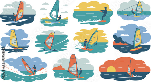 Windsurfers on Boards with Colorful Sails Illustration Set Against Varied Sky and Ocean Backgrounds