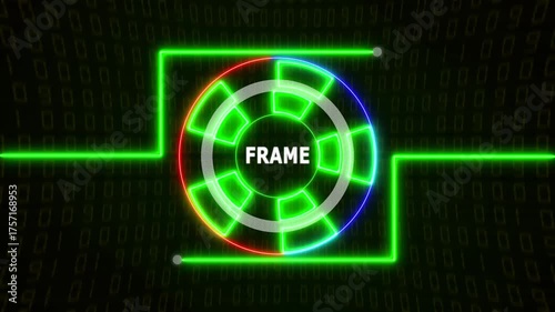 Futuristic neon green HUD circle with glowing FRAME text over a digital matrix-style background, creating a high-tech, sci-fi visual effect.