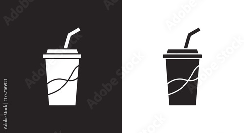 Icon Set Vector of a Minimalist Soda Drink Cup in Flat Black and White Style