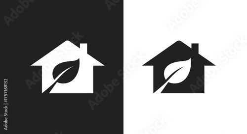Logo Template Vector with Minimalist Eco House and Leaf Symbol in Black and White