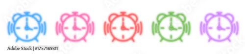 Alarm clock neon icon isolated, Glowing time symbol, Bright reminder alert, Luminous wake-up sign, or Shiny chronometer vector illustration