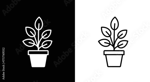 Icon Set Vector with Minimalist Potted Plant in Black and White Line Art Style