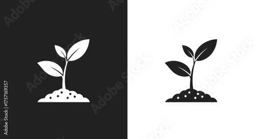 Minimalist black and white plant sprout growing from soil icon.