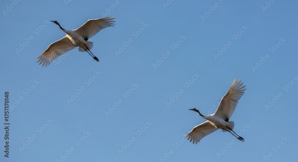 Obraz premium Two majestic cranes soaring gracefully through a clear blue sky