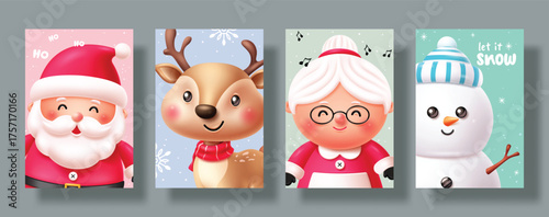 Cute 3D Christmas card set with Santa, Mrs. Claus, reindeer, and snowman characters.