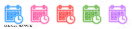 Calendar clock neon icon isolated, Glowing date time symbol, Bright schedule reminder, Neon event planner, or Shiny appointment tracker vector illustration
