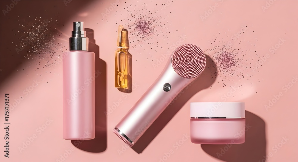 Obraz premium Pink Skincare Products and Beauty Tools on Modern Pastel Background