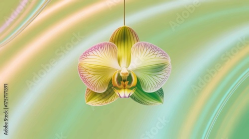 The beautiful yellow and pink orchid flower blossoms in the spring nature, creating a tropical floral design on a light green background.