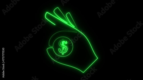 Neon glowing Human hand giving money icon isolated. money in the hands neon icon on black background. Receiving money icon. Glowing dollar on hand sign. neon hand holding icon. 4k. background, 