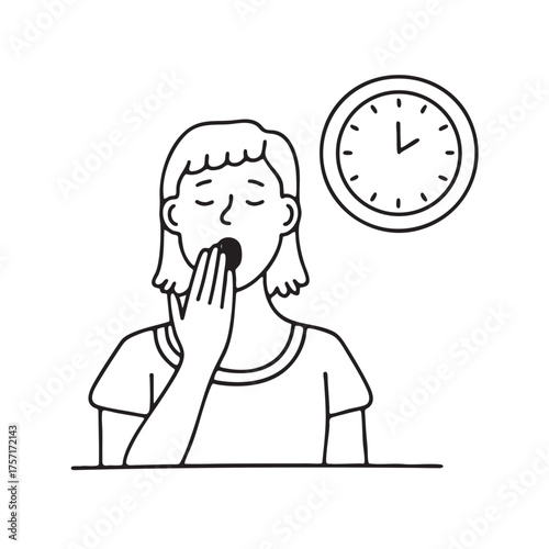 A traveler yawning close to a clock showing early morning hours