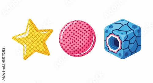 Vector illustration of stylized candy icons. Set of colorful geometric shapes including a star, circle, and cube. Modern game assets or graphic design elements isolated on white