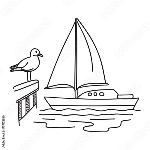A yacht near a seagull perched on a railing