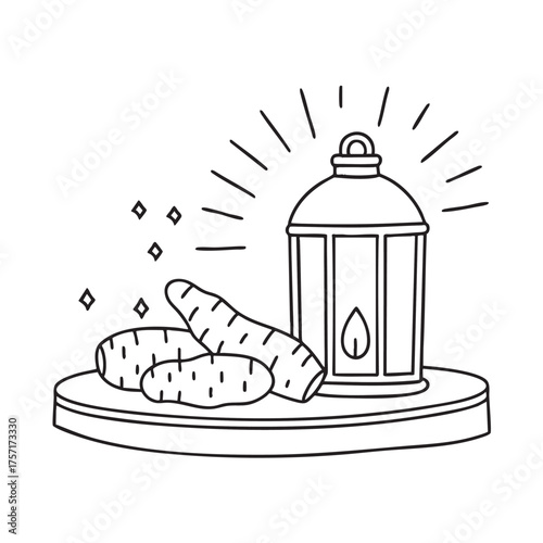 A yam beside a lantern casting warm light on the table
