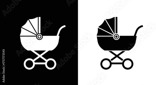 Minimalist Baby Carriage Vector Icon Set with Stroller Symbol in Black and White