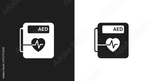 Automated External Defibrillator AED icon with heart and cardiogram line.