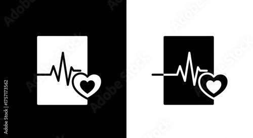 Icon Set Medical Heartbeat Vector with Pulse Line and Heart Symbol in Minimalist Black and White Style