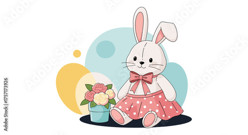 Cute Easter Bunny Girl with Flowers and Polka Dot Dress.