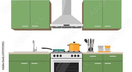 Modern Kitchen Interior Design with Green Cabinets and Appliances.