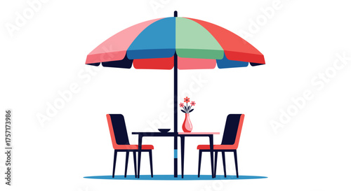 Outdoor cafe table with chairs and umbrella.