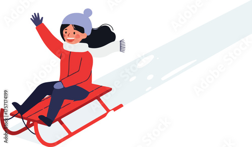 Suitable for winter holiday promotions and cheerful winterthemed designs, this image captures a girl gleefully sledding down a snowy hill.