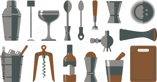 Illustrated Bar Tool Set Cocktail Shaker, Cutting Board, Corkscrew and More Barware