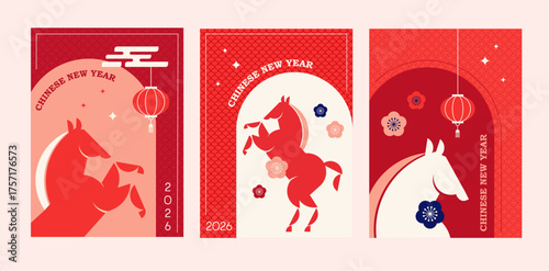 Lunar new year cards, banners and social media story templates. Chinese New Year, year of the horse. Geometric modern vector style