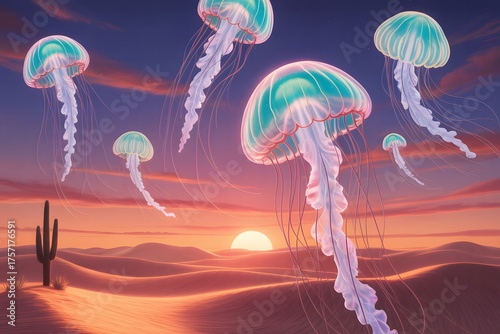 Fototapeta Naklejka Na Ścianę i Meble -  Surreal desert landscape at sunset with glowing jellyfish floating gracefully above sand dunes and a lone cactus