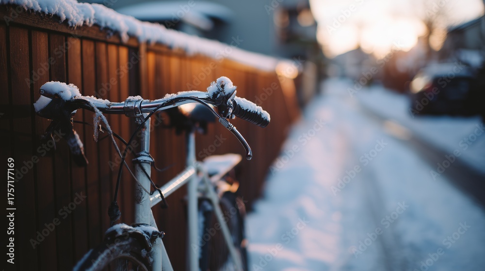 Obraz premium Vintage bicycle dusted with snow, leaning against a wooden fence, in a serene winter neighborhood at sunset.