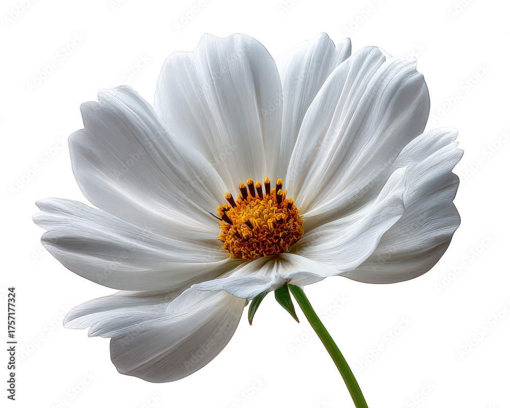 Obraz premium Single beautiful white cosmos flower with delicate petals, isolated on transparency background. This elegant and pure plant blossom expresses nature simple, serene beauty