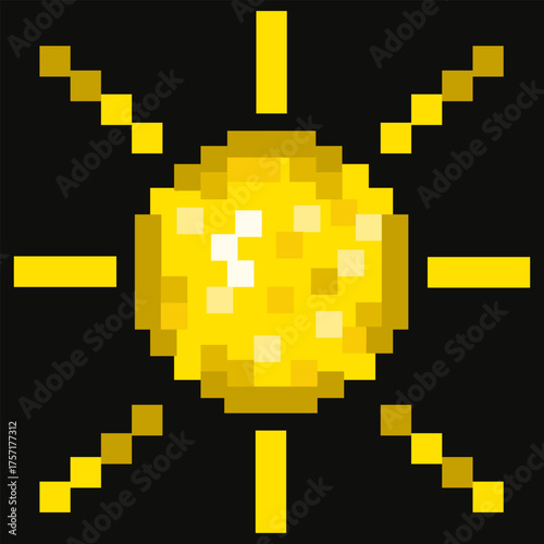Vector Pixel Sun isolated black background. Modern Pixel element summer Sun template design. Perfect for computer bit game interface decor. EPS 10
