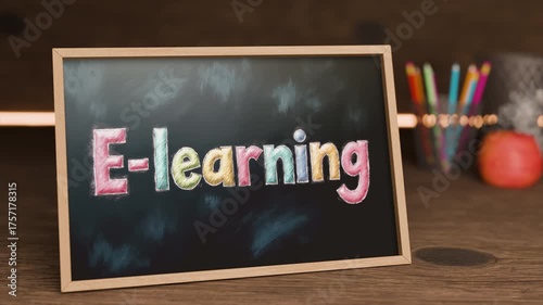 E Learning Chalkboard Display With Colorful Letters on Wooden Table