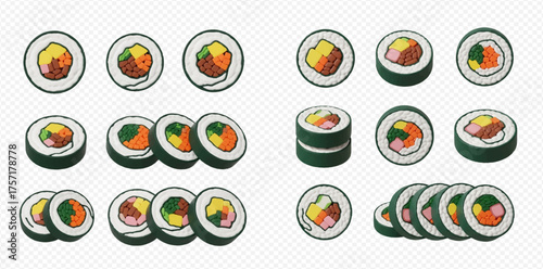 Illustration of sushi rolls with various fillings, arranged in two groups.