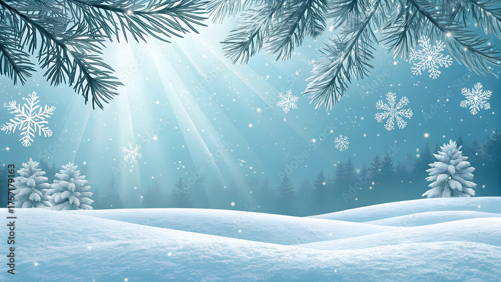 Fototapeta premium Merry Christmas and happy new year greeting card. Winter landscape with snow .Christmas background with fir tree branch