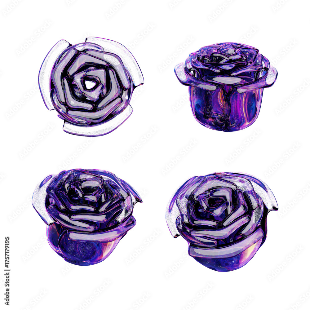 Fototapeta premium Purple Rose Rendered in Multiple Perspectives Against a White Background Artistic Floral Imagery