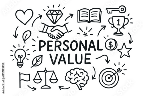 Personal value concepts: handshake, diamond, trophy, and more in black and white illustration