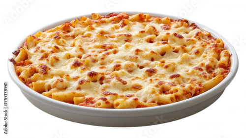 Baked pasta dish with cheese in a white ceramic casserole