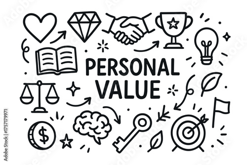Personal value symbolized by icons of heart, diamond, handshake, trophy, scales, brain, key, target