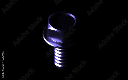 Set of 3D-rendered metal fasteners: bolt, hex nut, and wing nut with glossy, futuristic purple-blue studio lighting on a deep black background. Industrial design and technology concept