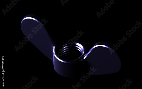 Set of 3D-rendered metal fasteners: bolt, hex nut, and wing nut with glossy, futuristic purple-blue studio lighting on a deep black background. Industrial design and technology concept