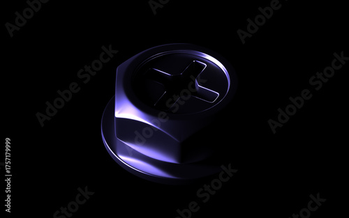 Set of 3D-rendered metal fasteners: bolt, hex nut, and wing nut with glossy, futuristic purple-blue studio lighting on a deep black background. Industrial design and technology concept